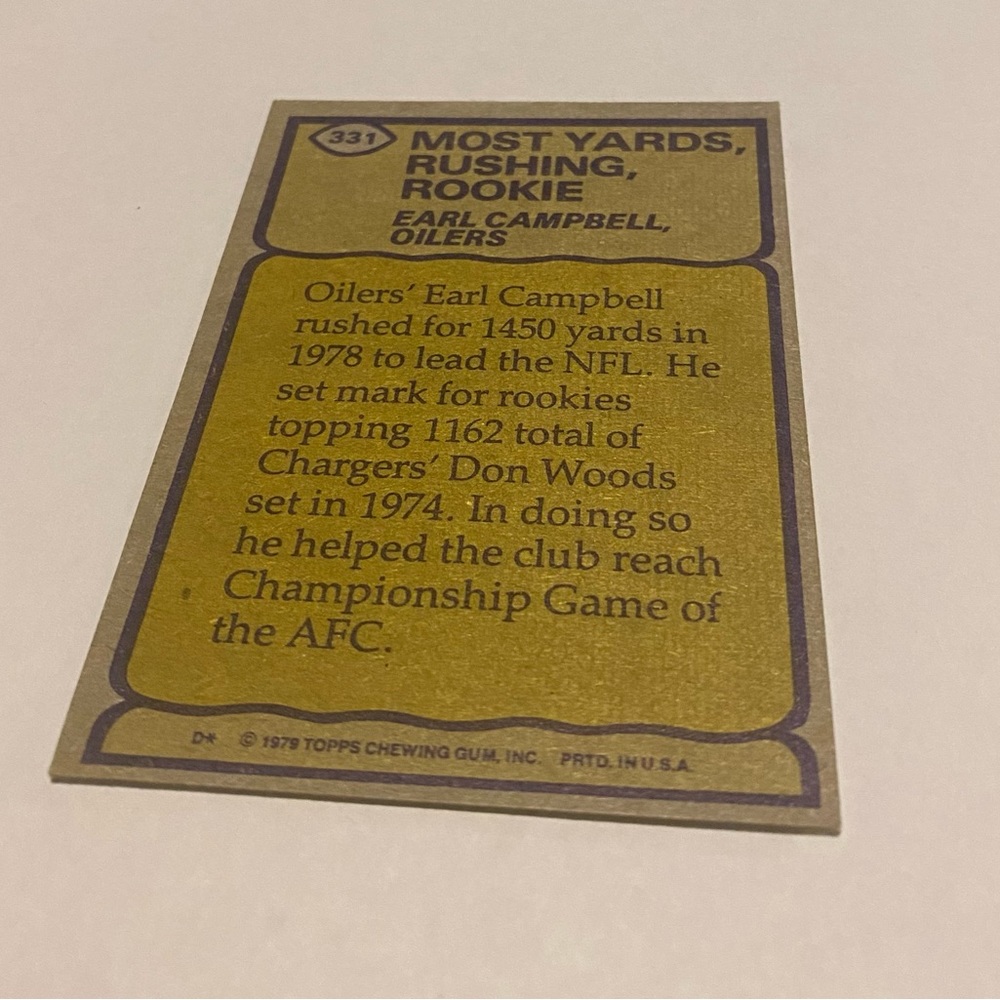 Earl Campbell Rookie 1978 Record Breaker 1979 Topps Football Card - Picture 3 of 3